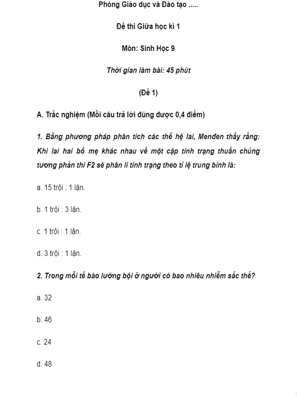 Tổng hợp đề thi giữa kì 1 Sinh 9 (Có hướng dẫn giải)