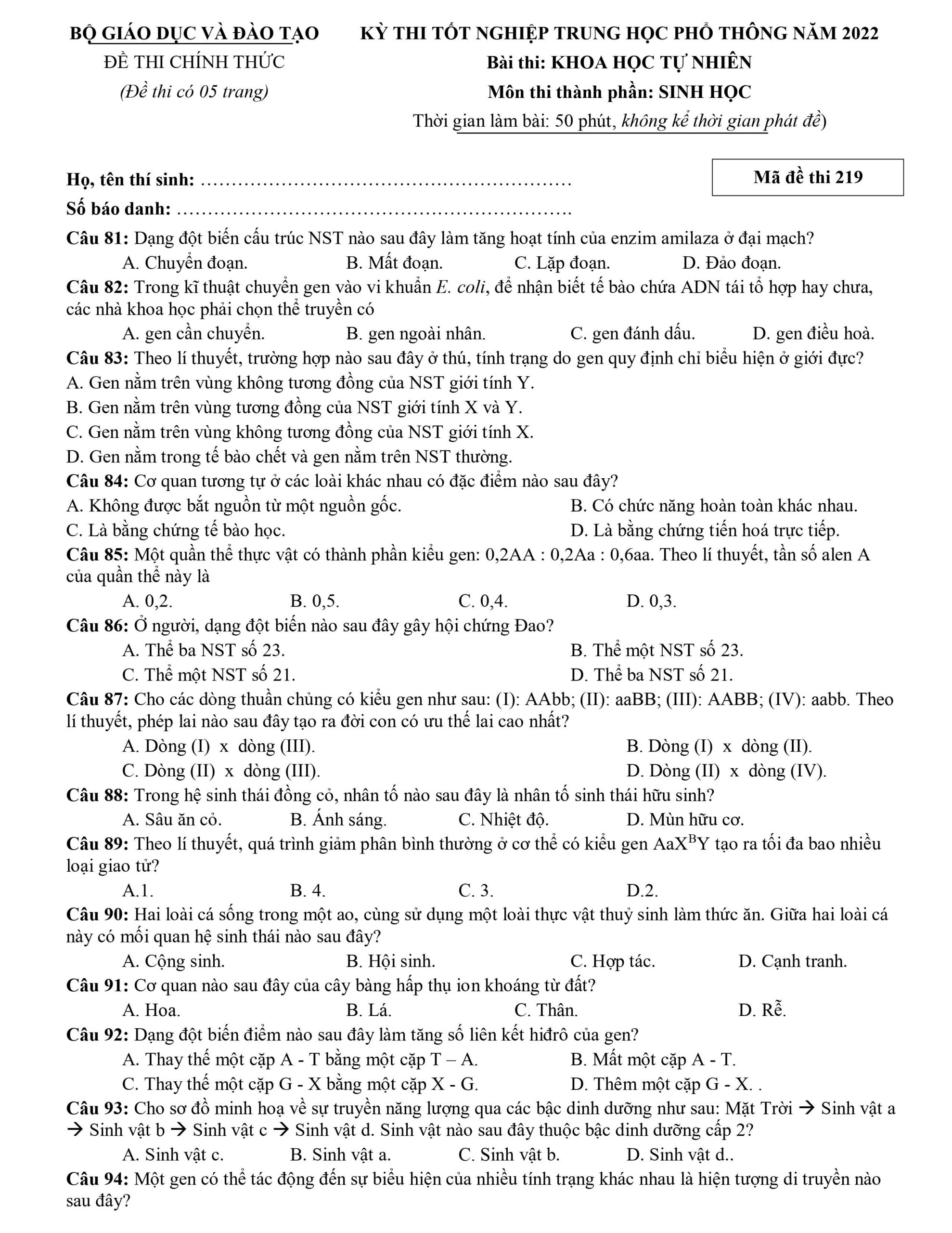 Tổng hợp đề thi Sinh THPT Quốc gia 2022 (kèm đáp án chi tiết)
