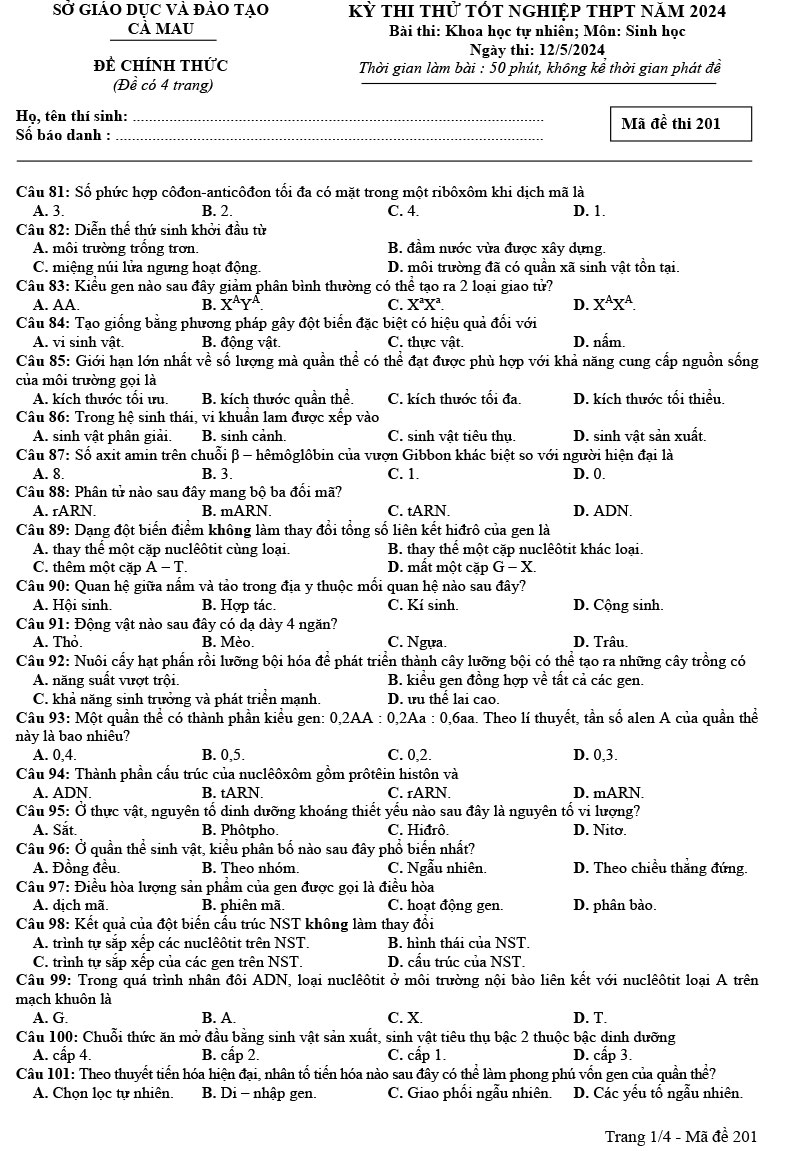 Tổng hợp đề thi thử môn sinh 2024 (kèm đáp án chi tiết)